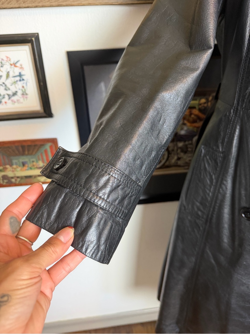 Vintage 1970s-80s Black Leather Belted Trench Coat XS-S - Picture 5 of 15